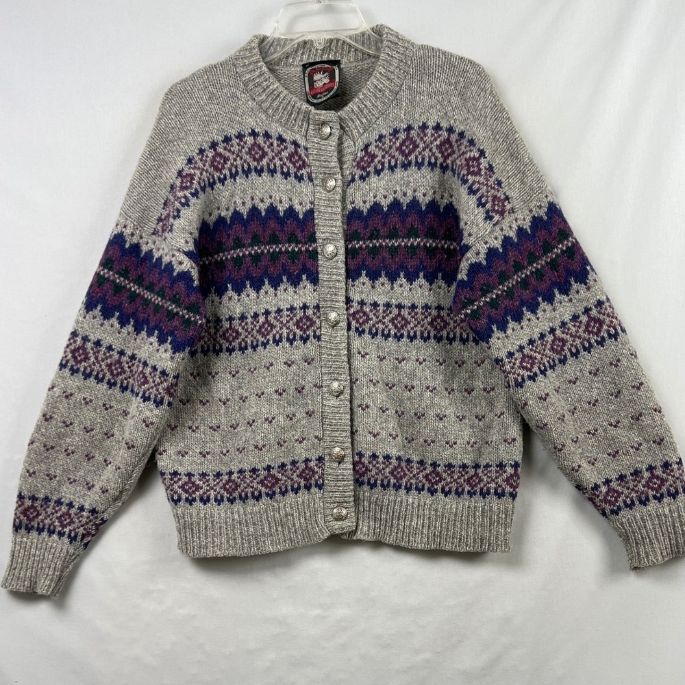 Vintage Alps Sweater Outdoors Cardigan Women Medium Grey Purple Fair Isle Wool